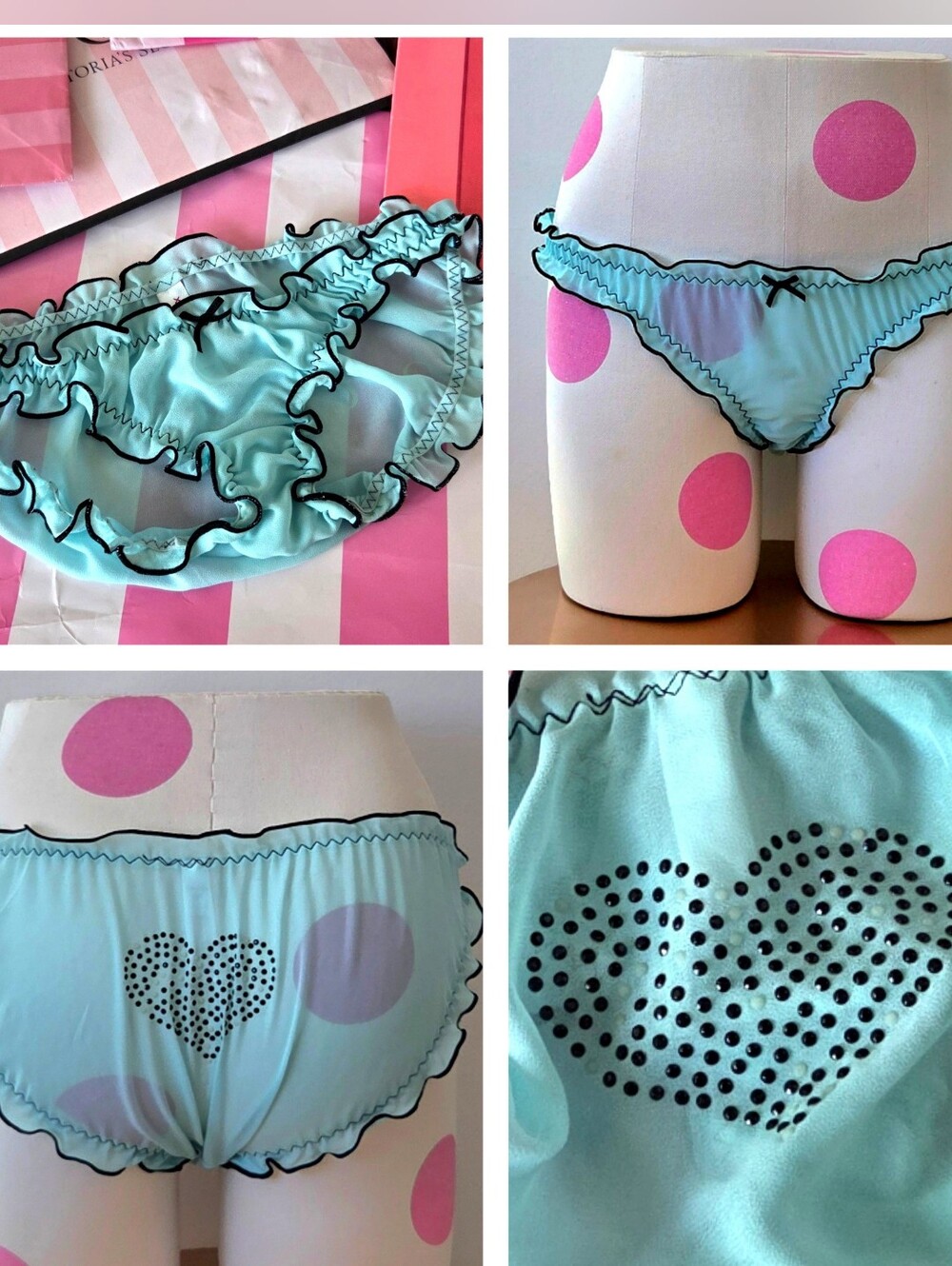 Vintage Sissy Panty Sheer Ruffles Rhinestone Crystal Heart Lingerie Blue NWOT